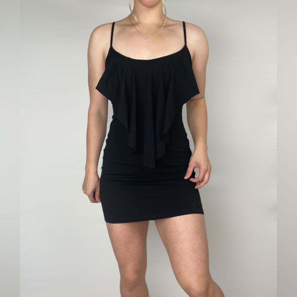 SUSANA MONACO Ruffle‎ Black Sleeveless Mini Dress Stretch Bodycon Size Small